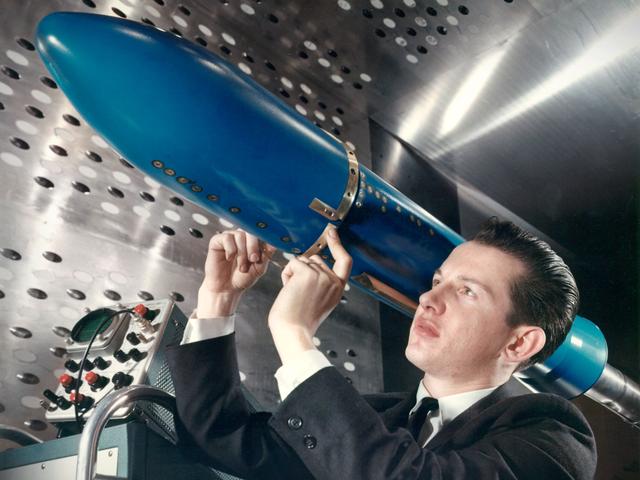 NASA image: Scale Model of Agena/Mariner-C in the 8- by 6-Foot Supersonic Wind Tunnel