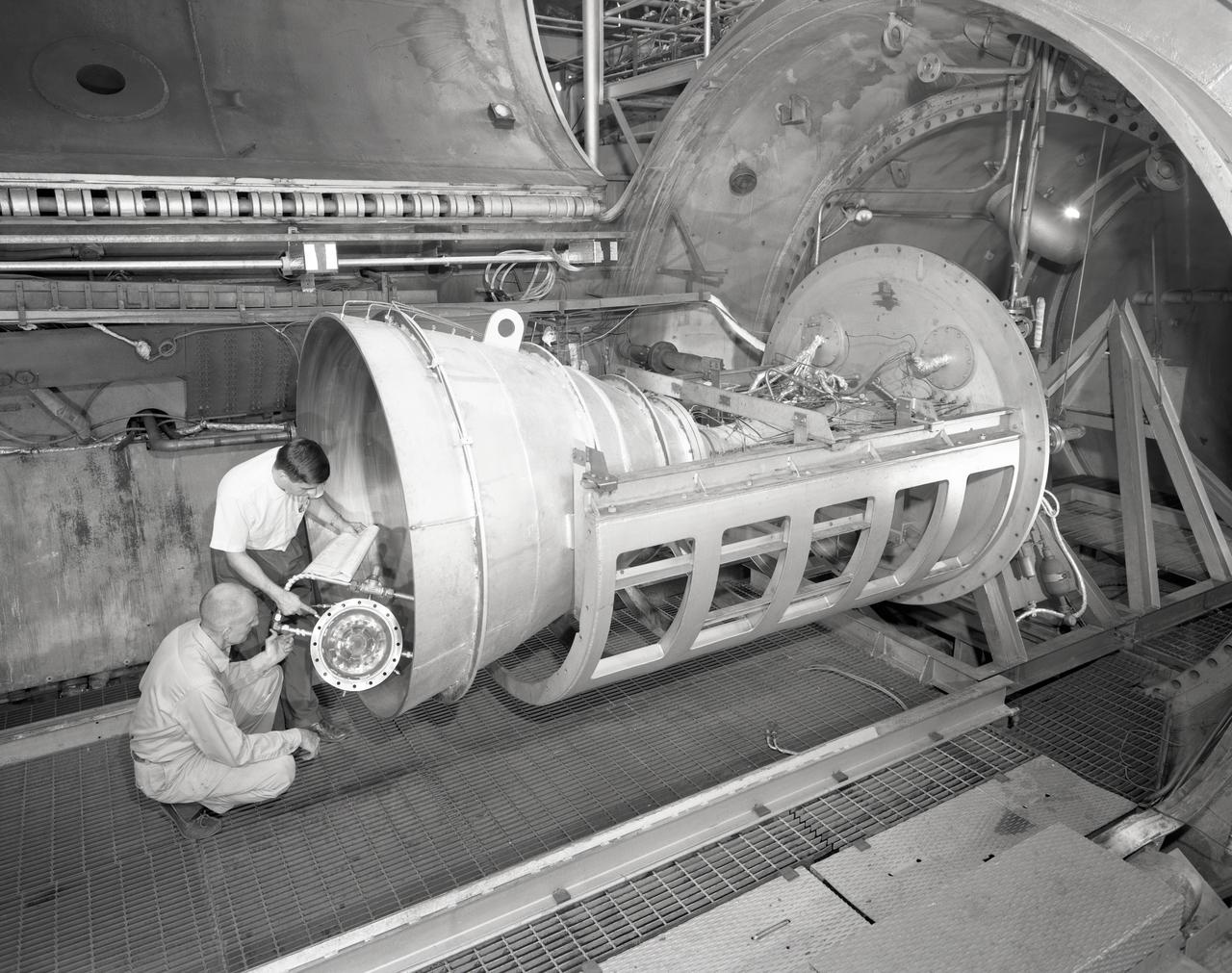 Apollo Contour Engine Model being tested in the NASA Lewis Research Center, Propulsion Systems Laboratory, PSL