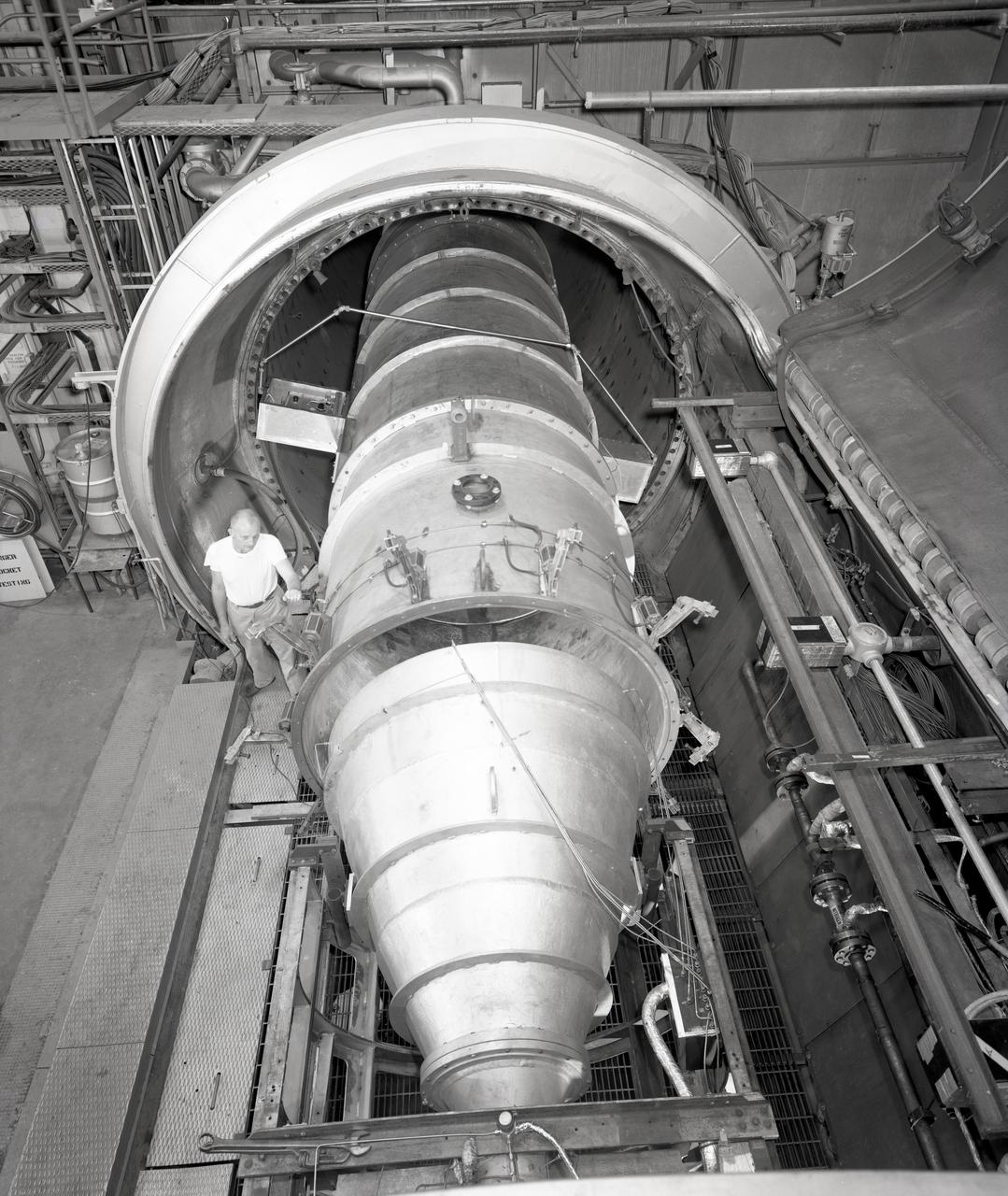 Apollo Contour Engine Model being tested in the NASA Lewis Research Center, Propulsion Systems Laboratory, PSL