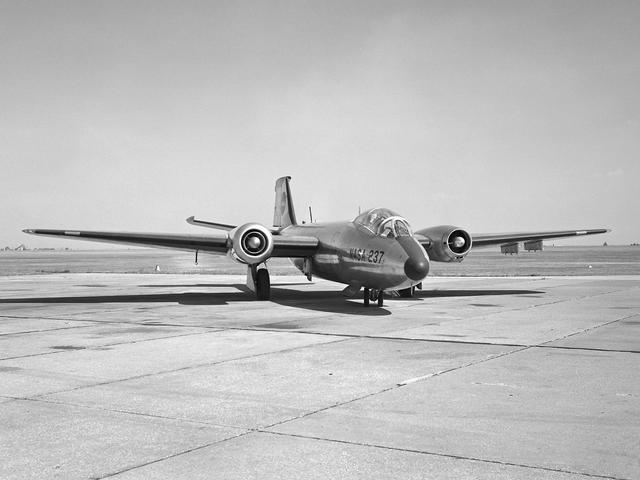 NASA image: Martin B-57B Canberra with a Noise Suppressor on its Right Engine