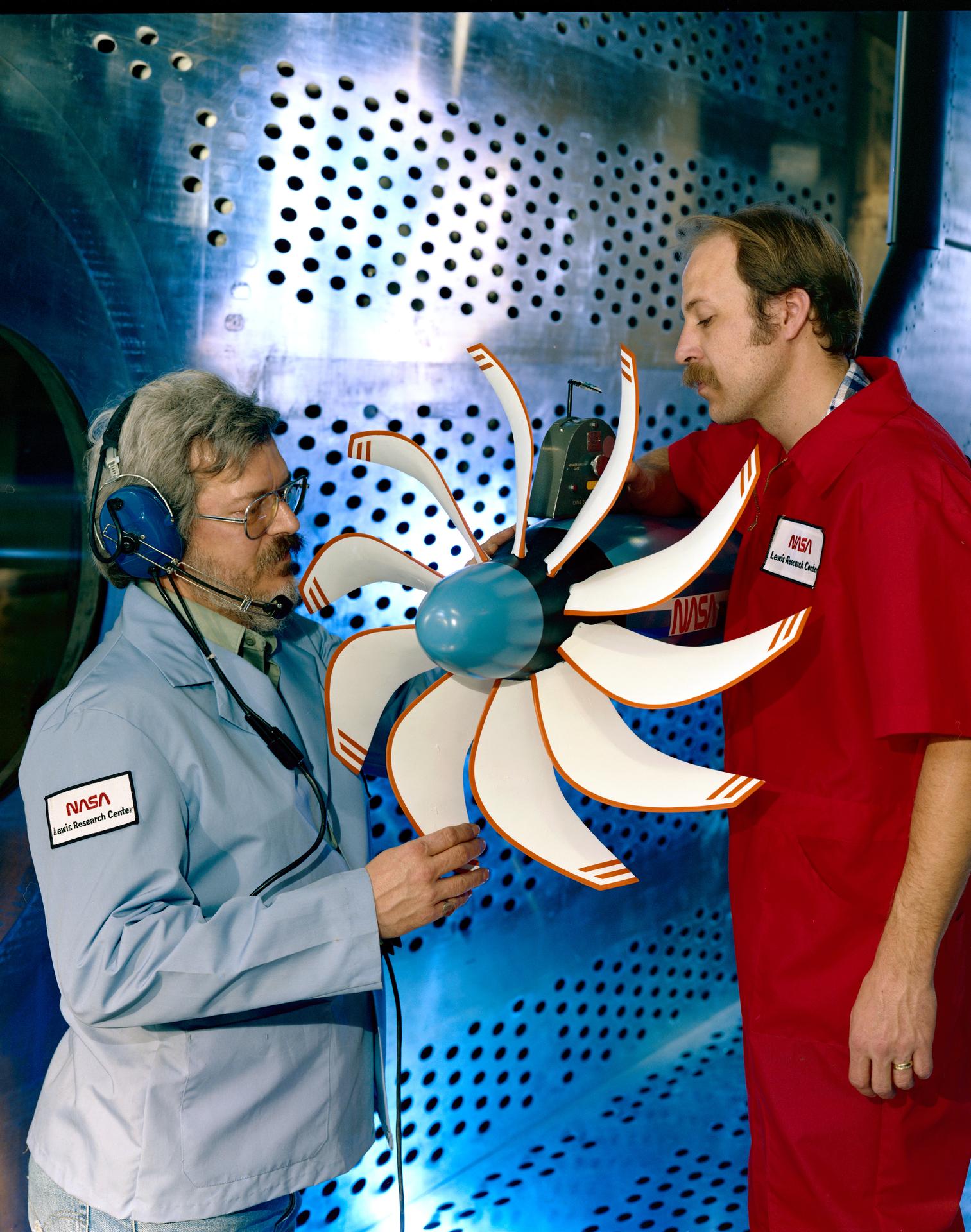Personnel work with a propeller inside the 8 x 6 supersonic wind tunnel