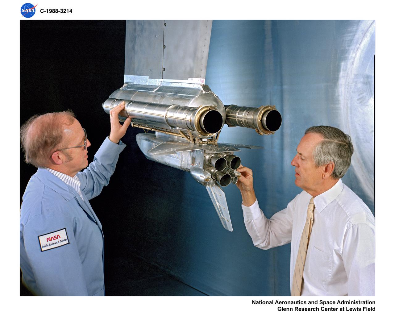 This test conducted in May 1988 shows what happens during launch if a space shuttle main engine fails. The test was conducted in the 10X10 supersonic wind tunnel at the John H. Glenn Research Center.