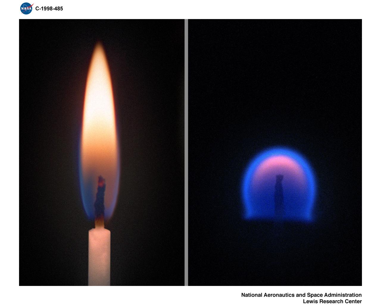 Comparison of a Candle Flame burning in normal gravity or 1-G (left) and a flame burning in Microgravity.