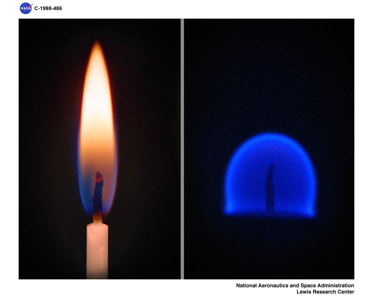 CANDLE FLAME NORMAL 1-G ONE GRAVITY AND MICROGRAVITY 0-G ZERO GRAVITY COMPARISON
