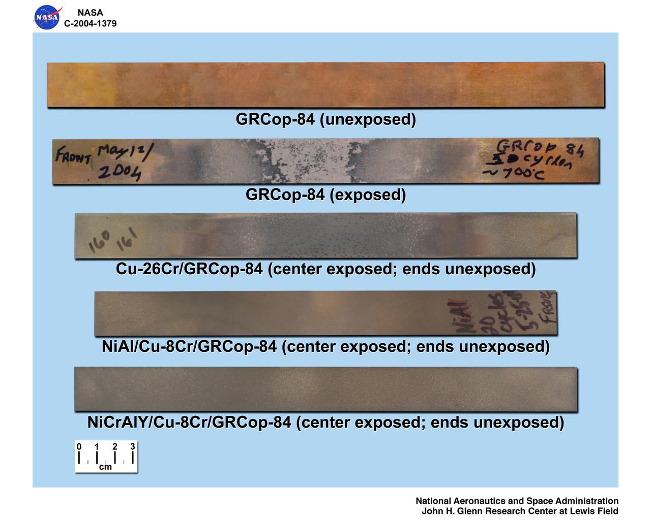 Quare Rig exposed coated and uncoated GRCop-84 sheet specimens