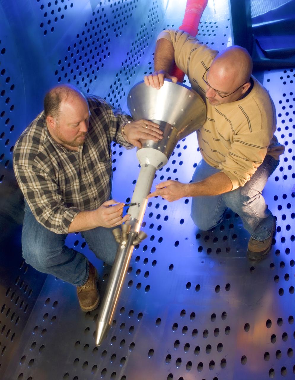 Orion Capsule and Launch Abort System (LAS) installed in the NASA Glenn 8x6 Supersonic Wind Tunnel (SWT) for testing.  This test is an Aero Acoustic test of the LAS