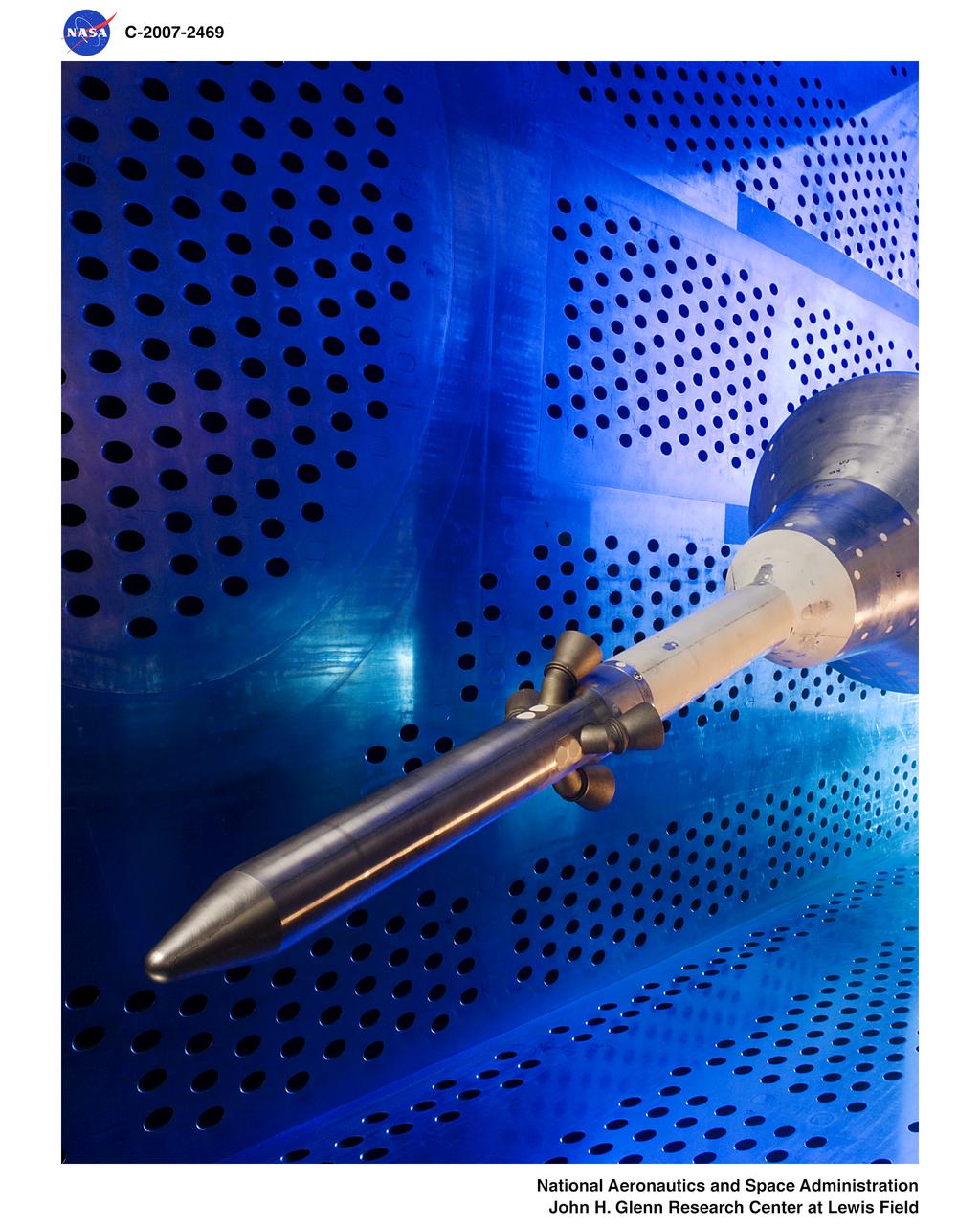 Orion Capsule and Launch Abort System (LAS) installed in the NASA Glenn 8x6 Supersonic Wind Tunnel (SWT) for testing. 8x6 supersonic wind tunnel test section with the launch abort system for the Orion capsule