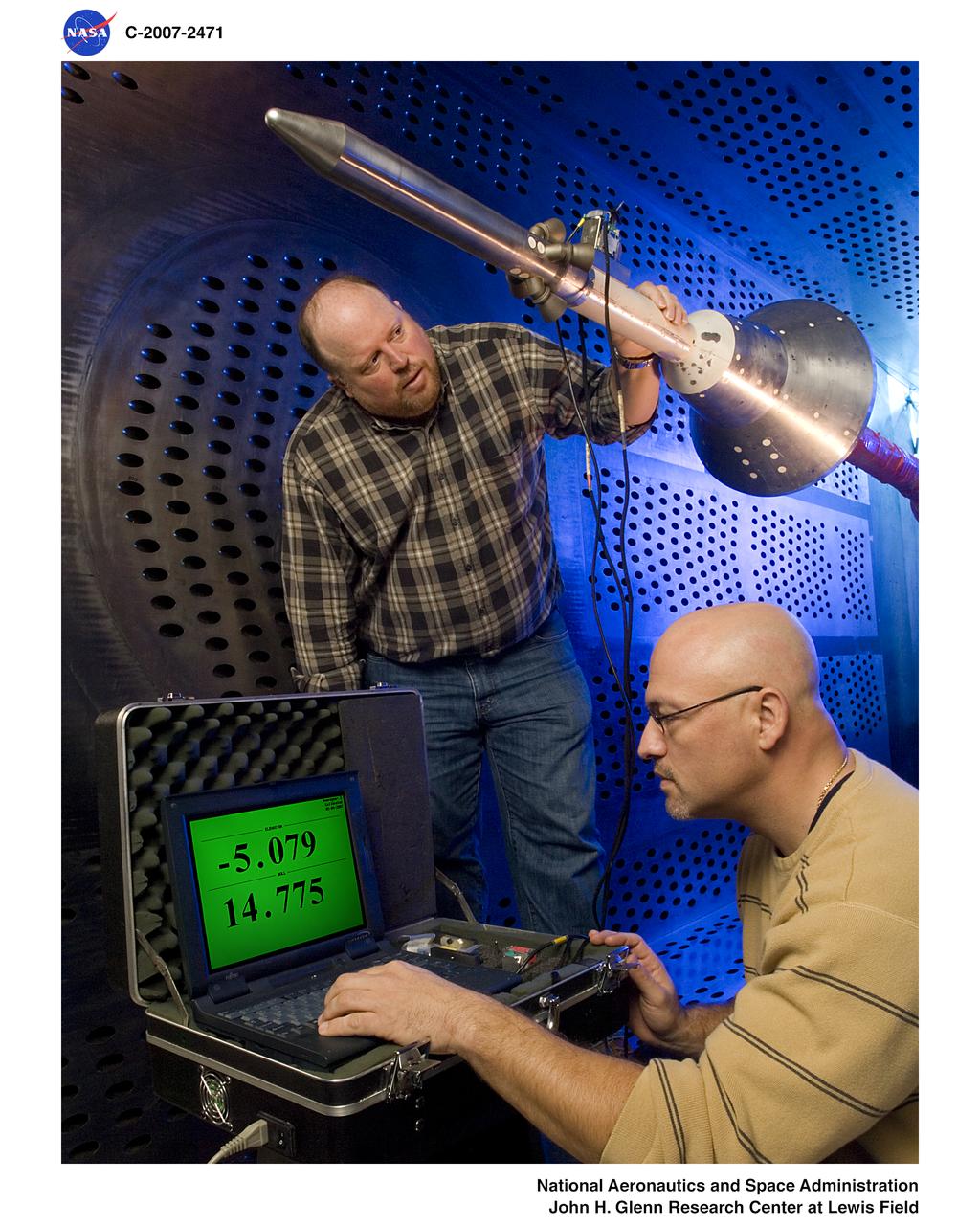 Orion Capsule and Launch Abort System (LAS) installed in the NASA Glenn 8x6 Supersonic Wind Tunnel for testing.  This test is an Aero Acoustic test of the LAS.  Pictured is the calibration of the model's angle of attack