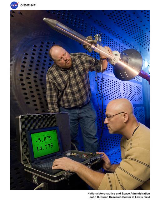 Orion Capsule and Launch Abort System (LAS) installed in the NASA Glenn 8x6 Supersonic Wind Tunnel for testing.  This test is an Aero Acoustic test of the LAS.  Pictured is the calibration of the model's angle of attack