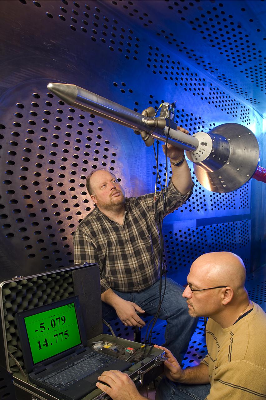 Orion Capsule and Launch Abort System (LAS) installed in the NASA Glenn 8x6 Supersonic Wind Tunnel for testing.  This test is an Aero Acoustic test of the LAS.  Pictured is the calibration of the model's angle of attack