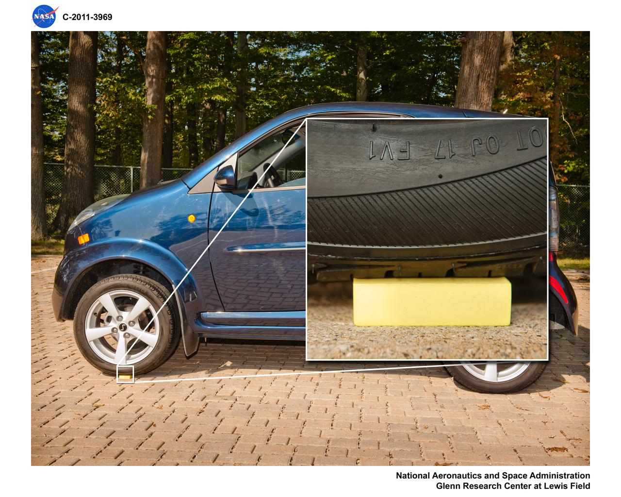 Polyimide Aerogel Material Sample under the weight of an Automobile Tire