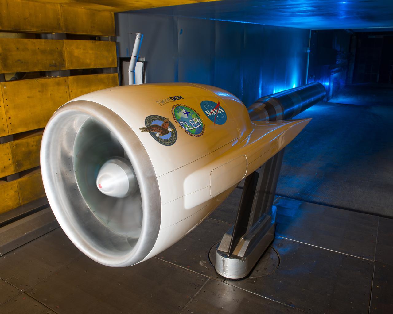 Ultra High Bypass Integrated System Test Testing of an Ultra High Bypass Ratio Turbofan model in the 9-by 15-Foot Low Speed Wind Tunnel. Pratt & Whitney designed the experimental engine to meet new efficiency and noise reduction targets for commercial aircraft set by NASA and the Federal Aviation Administration. The 9-by 15 tests analyzed two noise reduction technologies.