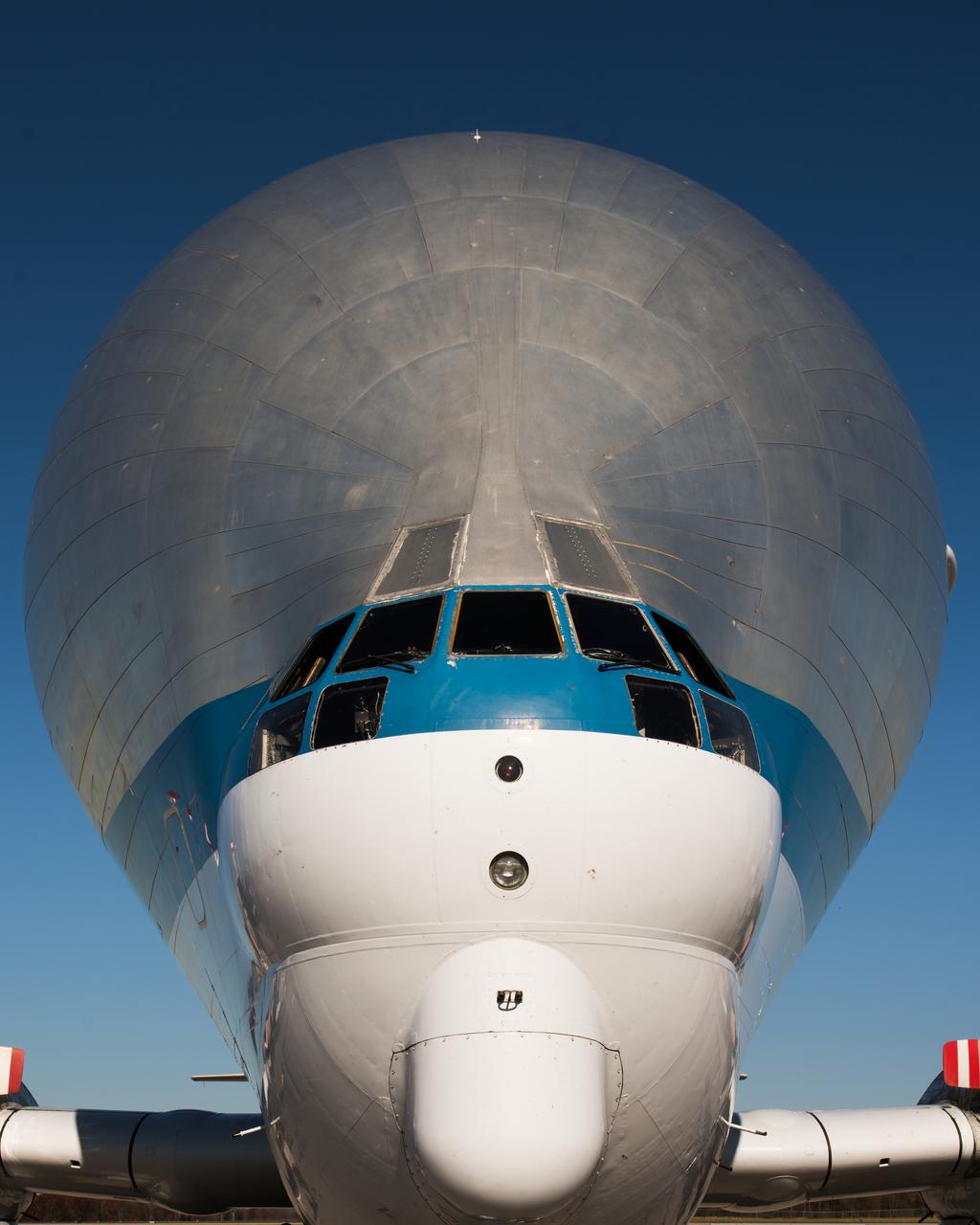 Front view of NASA’s Super Guppy aircraft after it touched down at Mansfield’s Lahm Airport in November, 2015. The crew delivered the crew module adaptor for Orion’s testing at NASA's Plum Brook Station next year.