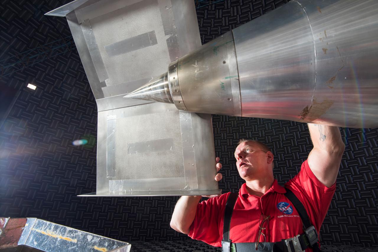 N+2 Nozzle in the Aero-Acoustic Propulsion Lab. As NASA works toward demonstrating low-sonic boom design, engineers at NASA Glenn have tested an engine nozzle that could make supersonic aircraft much quieter.