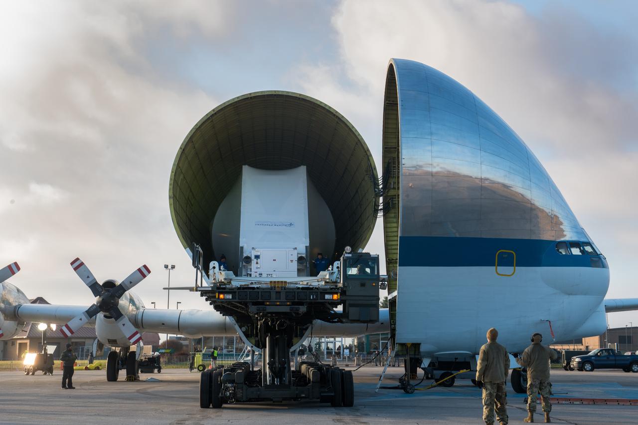 Orion Spacecraft Arrives in Ohio Aboard the Super Guppy at Mansfield Lahm Airport