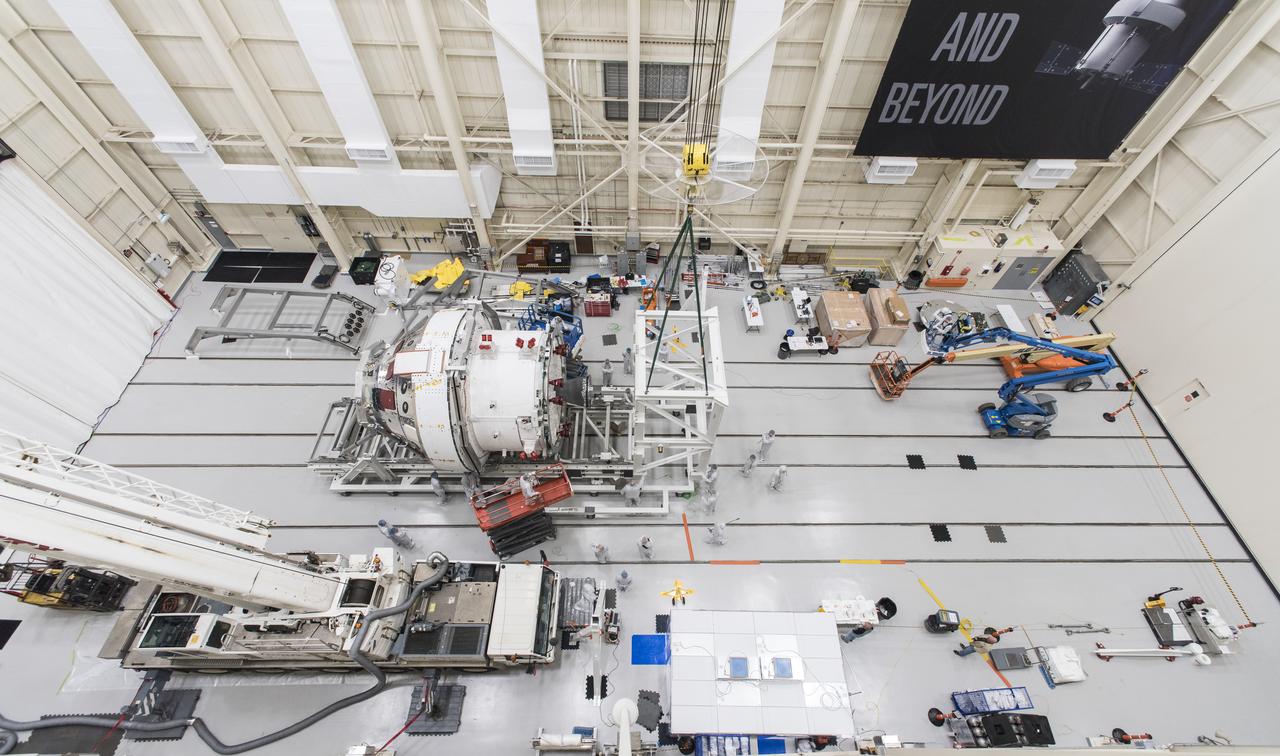 Orion Spacecraft is prepared for Space Environment Testing at the Glenn Research Center, GRC Plum Brook Station, Space Environments Complex, SEC 