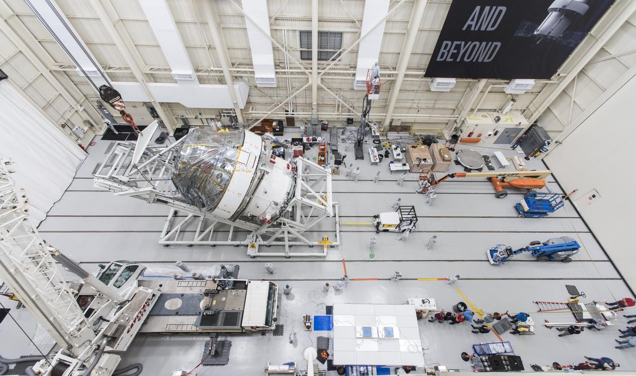 Orion Spacecraft is prepared for Space Environment Testing at the Glenn Research Center, GRC Plum Brook Station, Space Environments Complex, SEC 