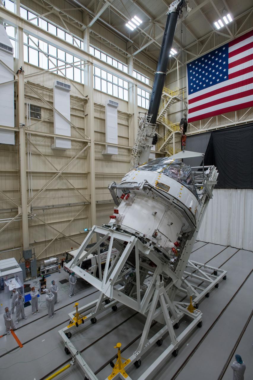 Orion Spacecraft is prepared for Space Environment Testing at the Glenn Research Center, GRC Plum Brook Station, Space Environments Complex, SEC 