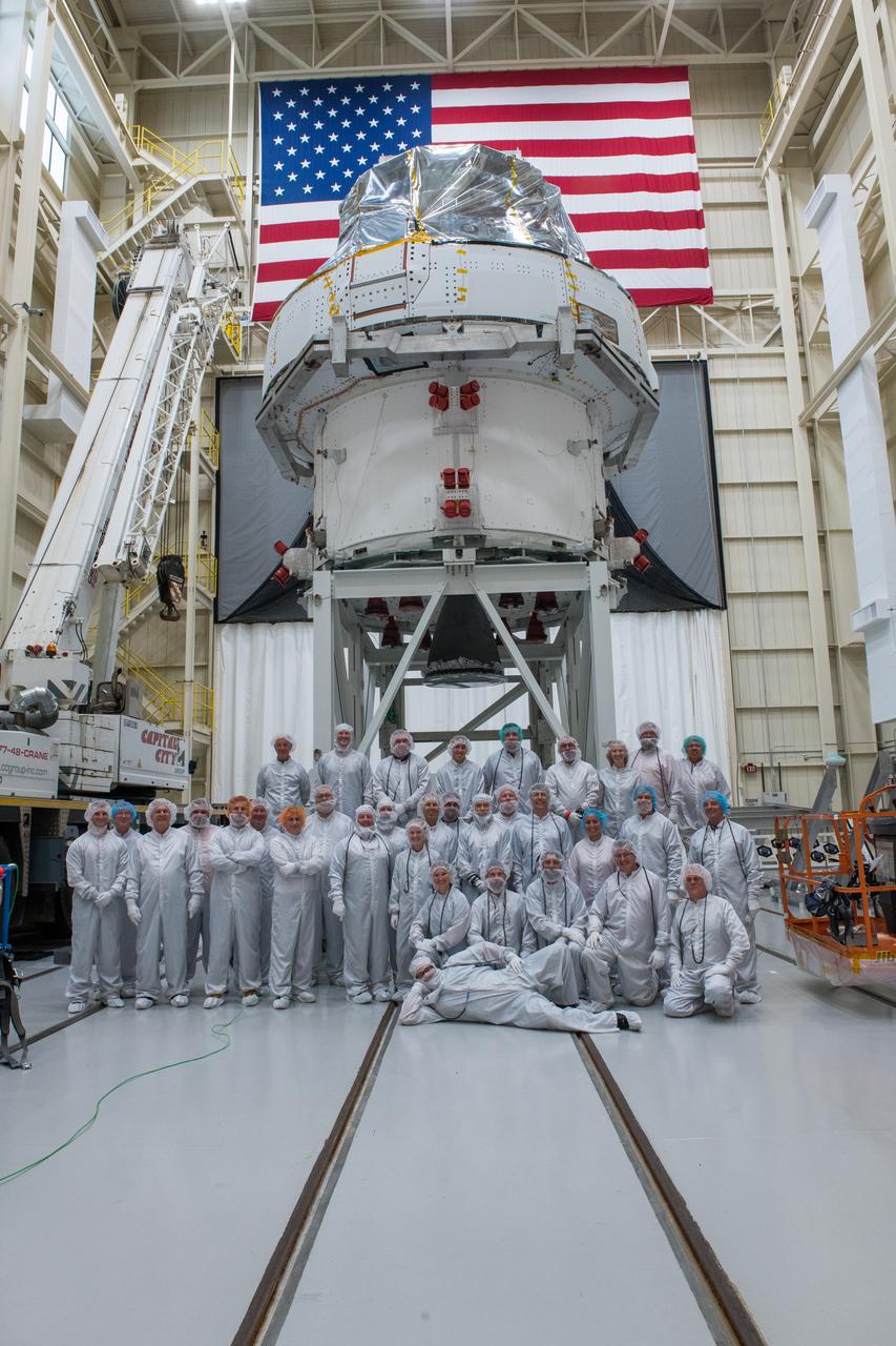 Orion Spacecraft is prepared for Space Environment Testing at the Glenn Research Center, GRC Plum Brook Station, Space Environments Complex, SEC 