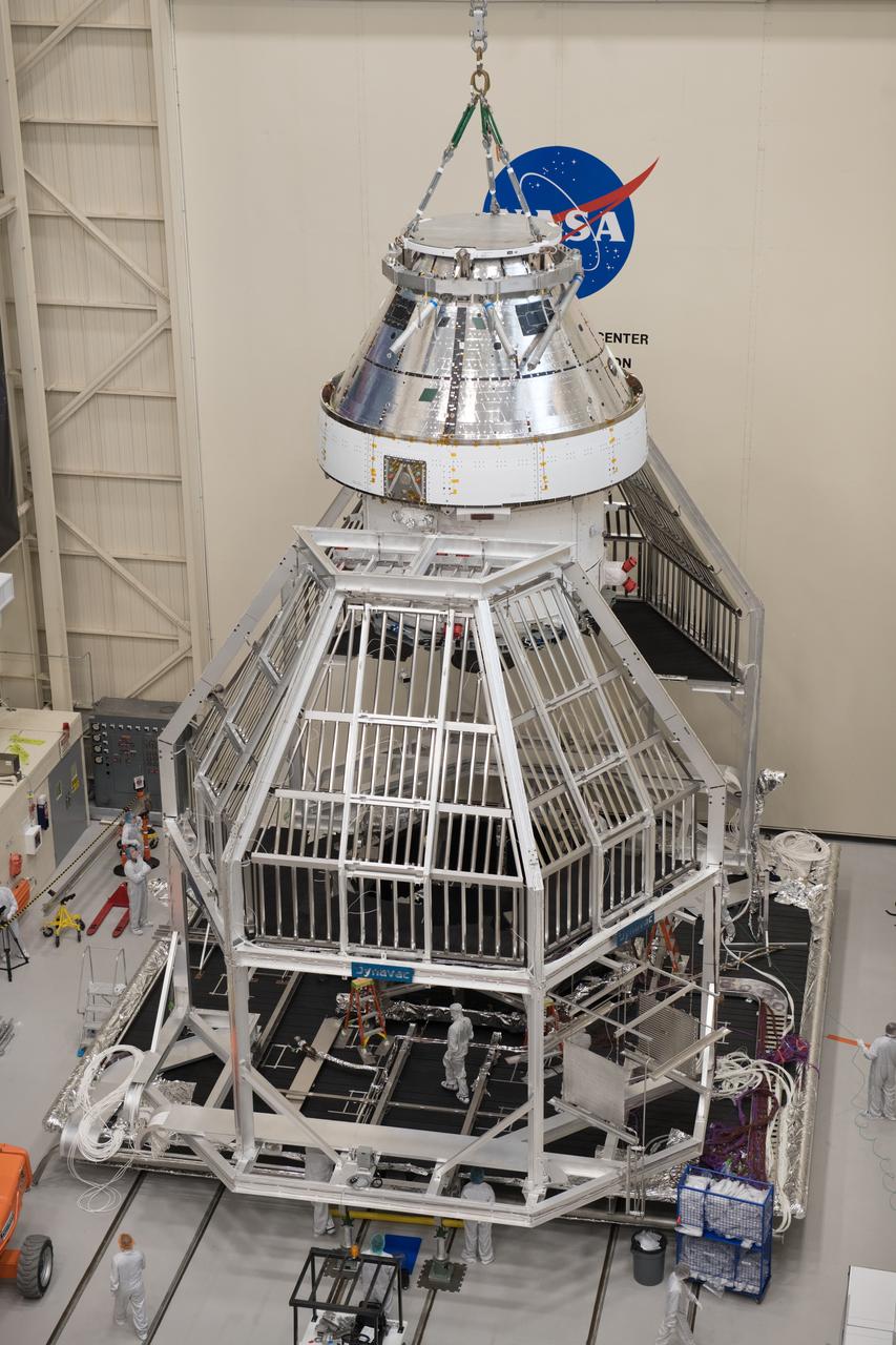 Orion Spacecraft is prepared for Space Environment Testing at the Glenn Research Center, GRC Plum Brook Station, Space Environments Complex, SEC 