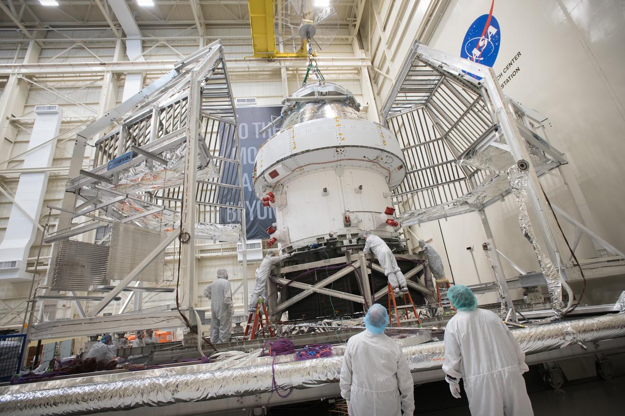 Orion Spacecraft is prepared for Space Environment Testing at the Glenn Research Center, GRC Plum Brook Station, Space Environments Complex, SEC 