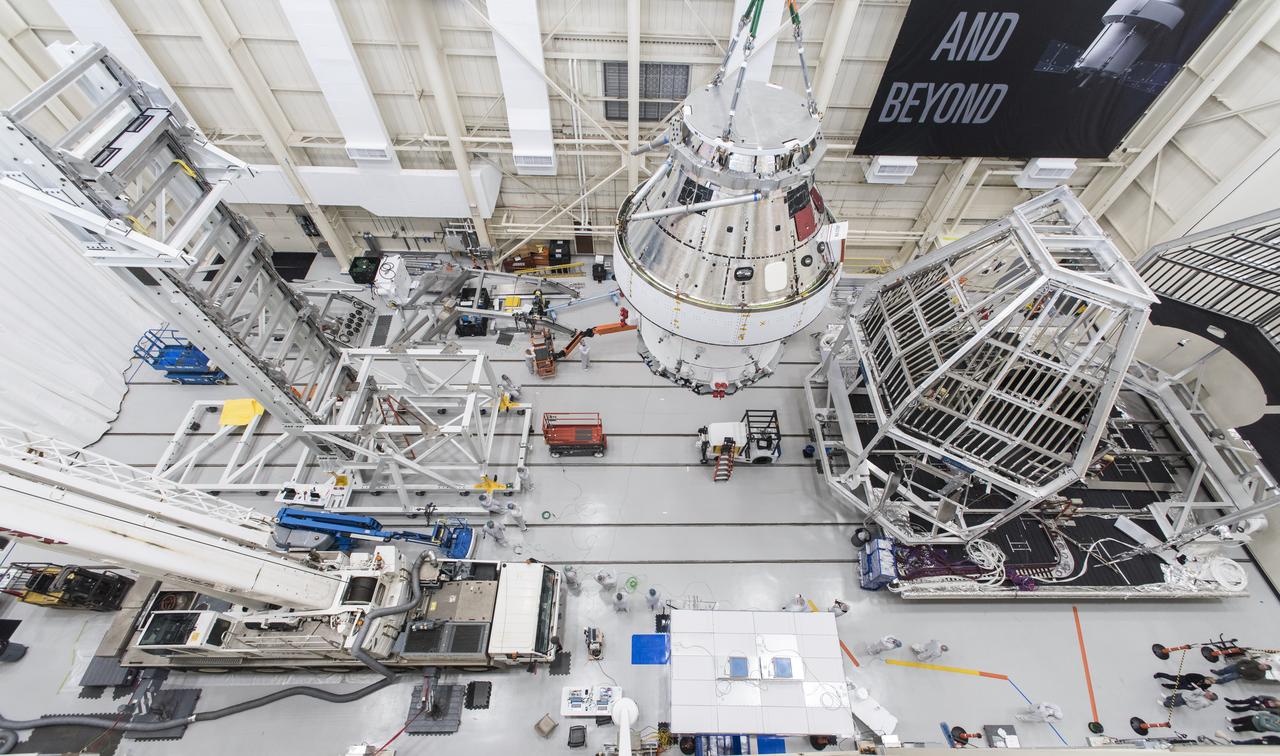 Orion Spacecraft is prepared for Space Environment Testing at the Glenn Research Center, GRC Plum Brook Station, Space Environments Complex, SEC 