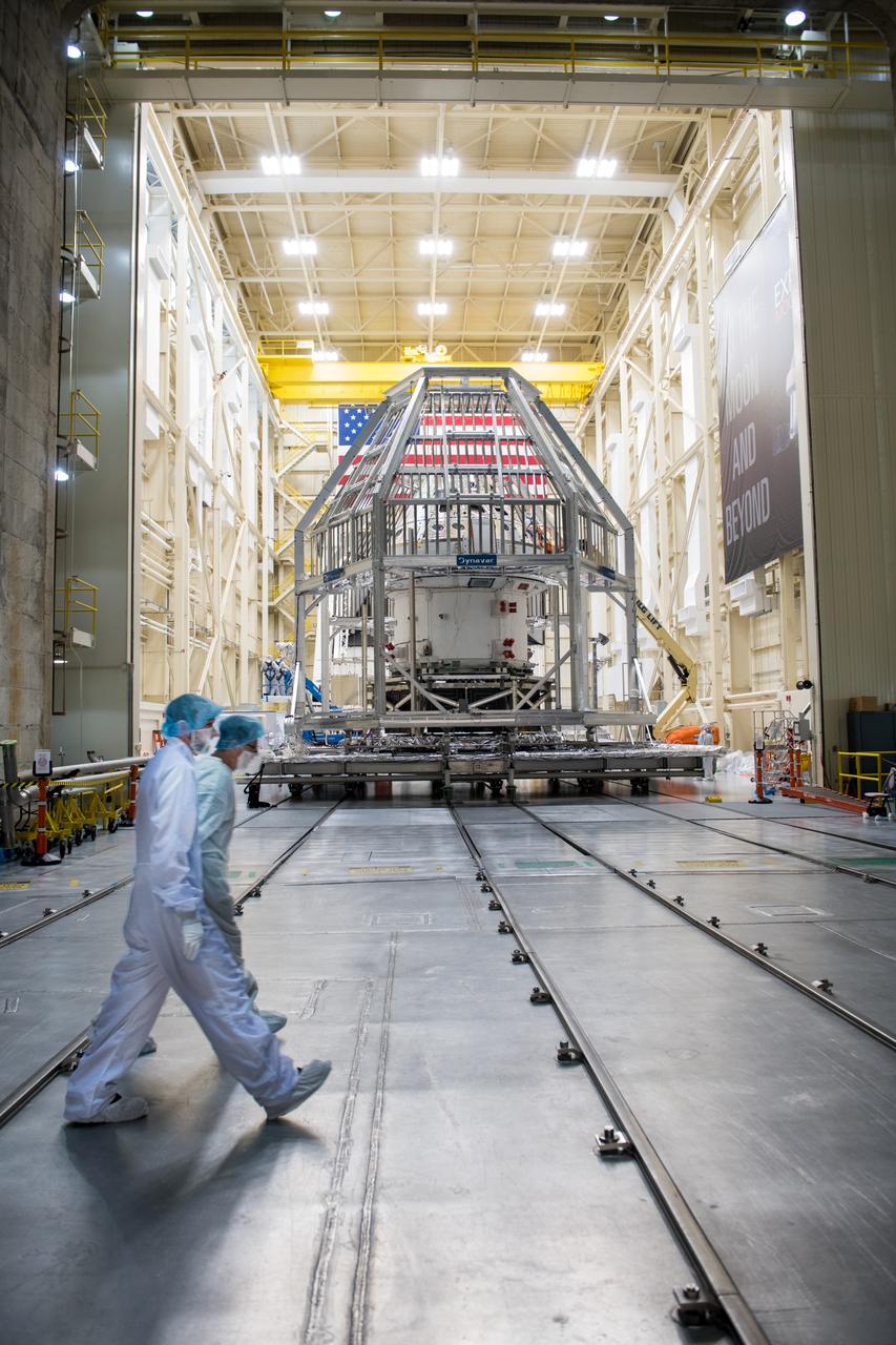 Orion Spacecraft is prepared for Space Environment Testing at the Glenn Research Center, GRC Plum Brook Station, Space Environments Complex, SEC 