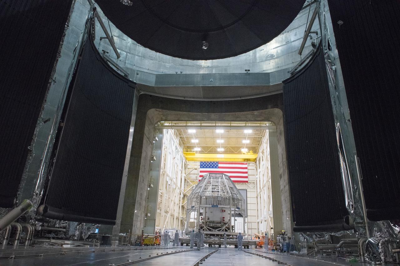 Orion Spacecraft is prepared for Space Environment Testing at the Glenn Research Center, GRC Plum Brook Station, Space Environments Complex, SEC 