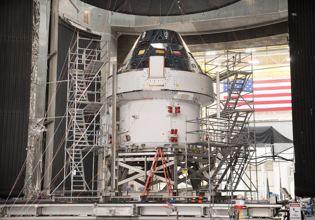 The Orion Spacecraft Crew and Service Module is being prepared for Electromagnetic Interference. EMI testing as part of testing to be certified for launch for the first Artemis mission