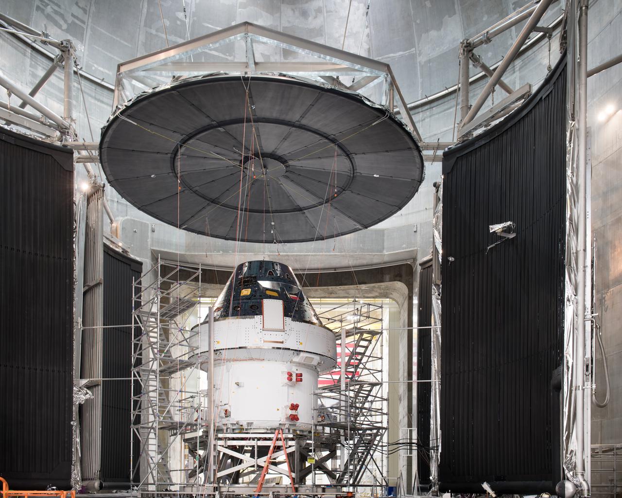 The Orion Spacecraft Crew and Service Module is being prepared for Electromagnetic Interference. EMI testing as part of testing to be certified for launch for the first Artemis mission