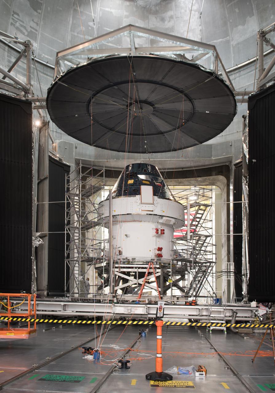 The Orion Spacecraft Crew and Service Module is being prepared for Electromagnetic Interference. EMI testing as part of testing to be certified for launch for the first Artemis mission