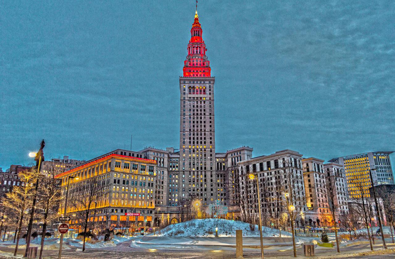February 17, 2021, The Terminal Tower is illuminated in red to commemorate the Landing of NASA’s Perseverance Rover on the surface of Mars, February 18, 2021.  Terminal Tower is a 52-story, (771 ft), landmark skyscraper located on Public Square in downtown Cleveland, Ohio.  Cleveland is also the home of the NASA Glenn Research Center.