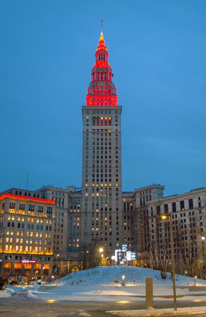 NASA image: Terminal Tower illuminated in red to commemorate the Mars Landing of Perseverance Rover