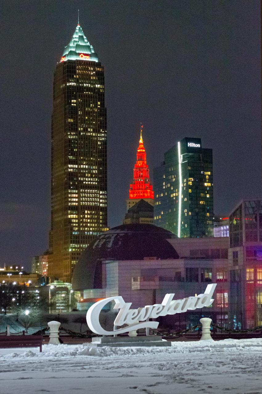 February 17, 2021, The Terminal Tower is illuminated in red to commemorate the Landing of NASA’s Perseverance Rover on the surface of Mars, February 18, 2021.  Terminal Tower is a 52-story, (771 ft), landmark skyscraper located on Public Square in downtown Cleveland, Ohio.  Cleveland is also the home of the NASA Glenn Research Center.