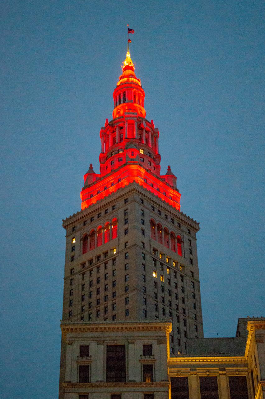 Cleveland’s Terminal Tower as seen from Public Square was lit up “Mars Red” leading up the Perseverance Rover’s arrival on Mars Wednesday night February 18th and Thursday morning.