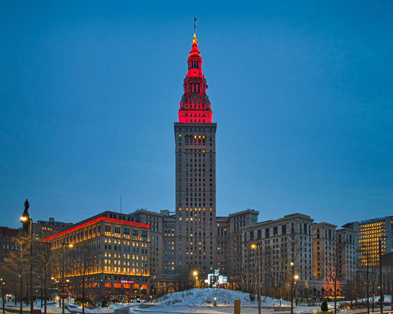 February 17, 2021, The Terminal Tower is illuminated in red to commemorate the Landing of NASA’s Perseverance Rover on the surface of Mars, February 18, 2021.  Terminal Tower is a 52-story, (771 ft), landmark skyscraper located on Public Square in downtown Cleveland, Ohio.  Cleveland is also the home of the NASA Glenn Research Center.