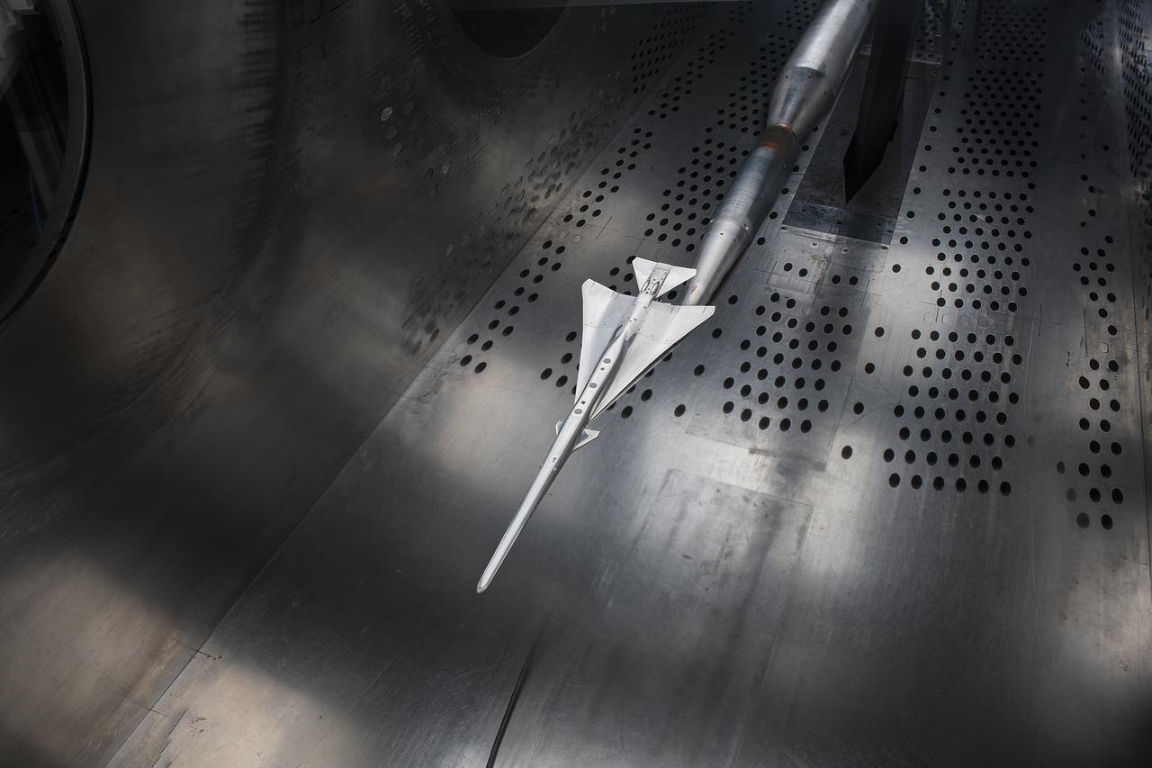 Commercial Supersonic Transport, CST Project, X-59 Sonic Boom Test Model, in the 8x6-foot Supersonic Wind Tunnel, SWT