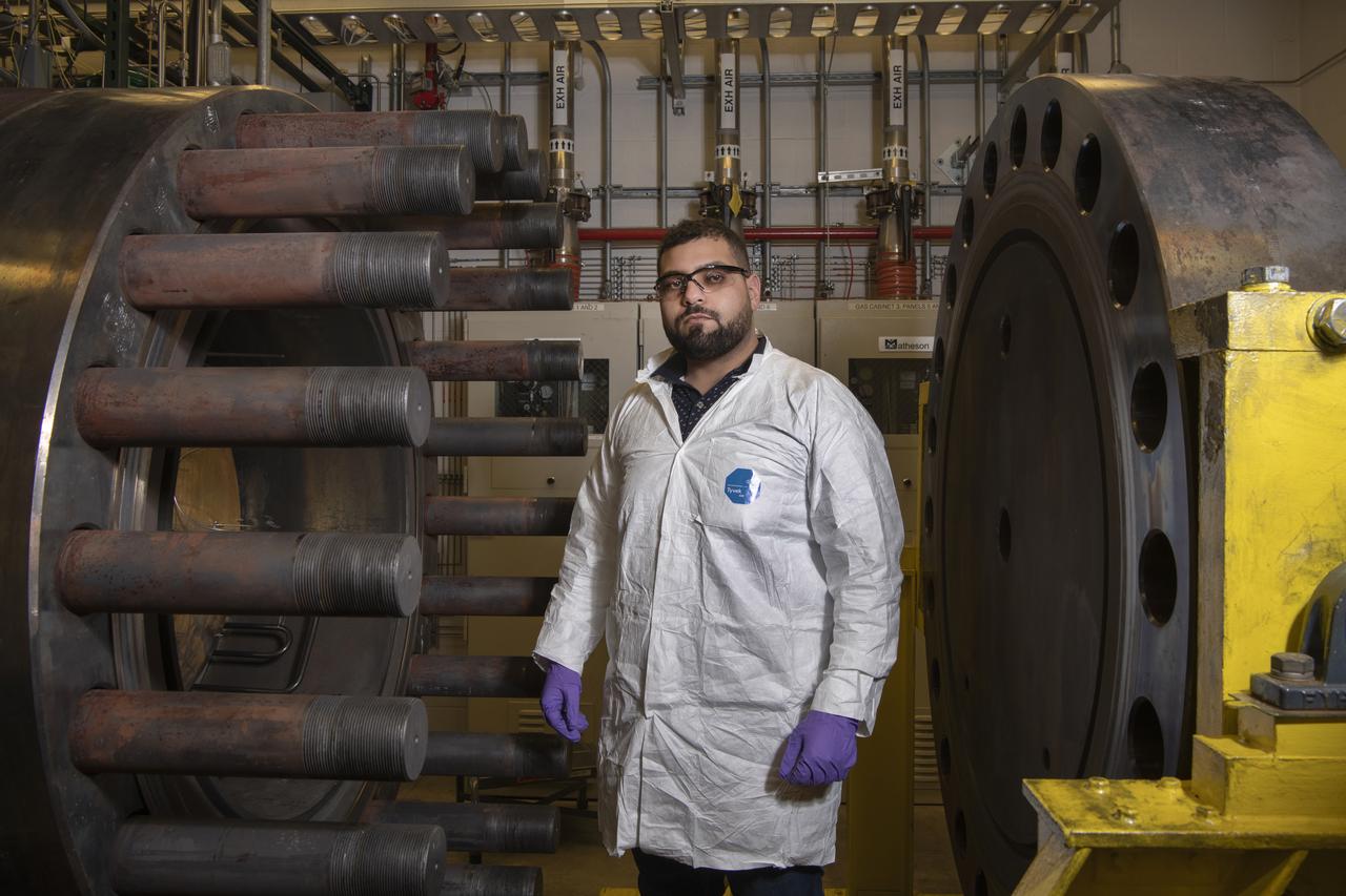 Daniel Gerges, Technician, poses for a portrait in the Glenn Extreme Environments Rig, GEER Lab