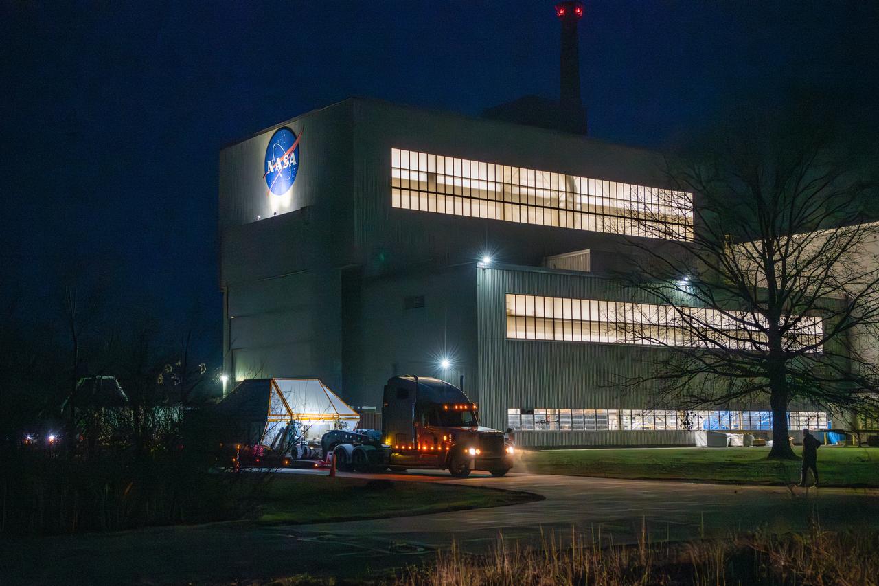 Evening photo of the Space Experiments Complex in the evening of the arrival of the Orion ETA (Environmental Test Article) having been shipped from Florida by truck. The Orion ETA flew on Artemis I and will undergo testing of the docking module jettison and the forward by cover jettison in preparation of the Artemis II launch.