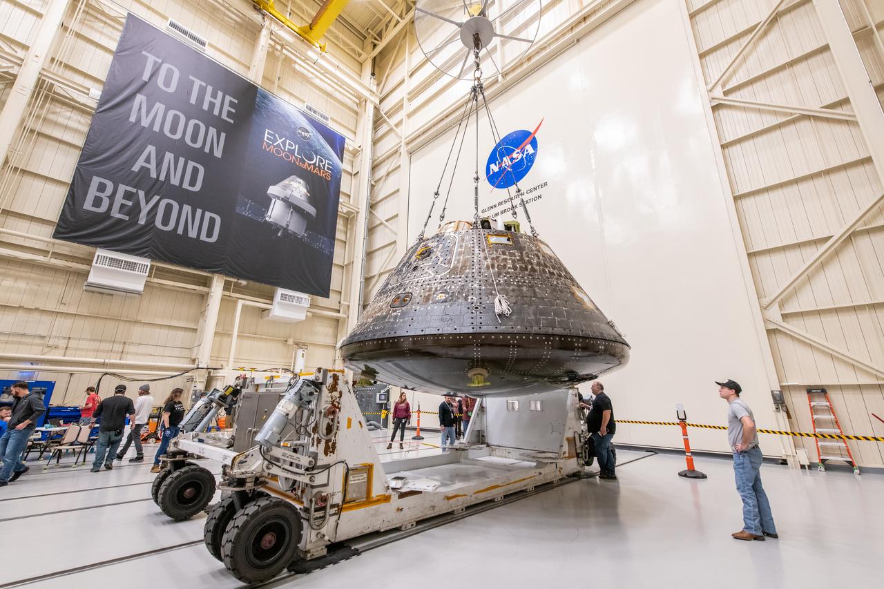 The Launch Abort System and the Orion Crew Module, also known as the Orion Environmental Test Article (ETA), returned to NASA’s Neil Armstrong Test Facility in Sandusky, Ohio, in October 2023 through January 2024 and completed an 11-month test campaign necessary for the safety and success of Artemis II. Photo Credit: (NASA/Jordan Salkin)