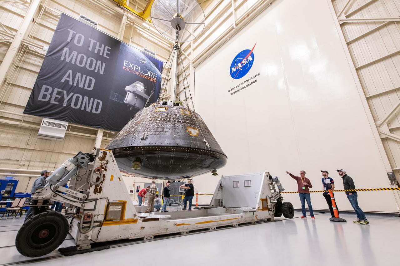 The Launch Abort System and the Orion Crew Module, also known as the Orion Environmental Test Article (ETA), returned to NASA’s Neil Armstrong Test Facility in Sandusky, Ohio, in October 2023 through January 2024 and completed an 11-month test campaign necessary for the safety and success of Artemis II. Photo Credit: (NASA/Jordan Salkin)