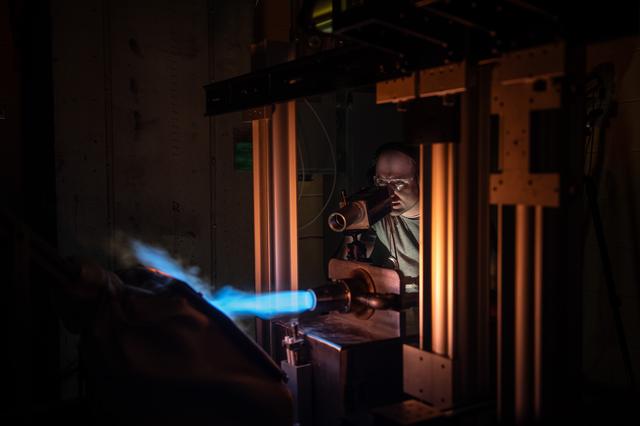NASA image: Engineering Design Unit (EDU) from a NASA customer, Radian Aerospace, being tested in the burner rig