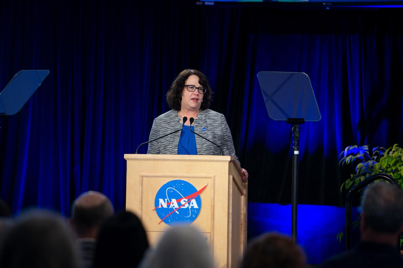 On March 28, 2024 NASA held its 2023 Administrator’s Agency Honor Awards at the Glenn Research Center in Cleveland, OH. Deputy Director, Dawn Schaible gives opening remarks to kick off the event. This celebratory event recognized the invaluable contributions of civil servants and contractors alike, each one instrumental in propelling humanity further into the realms of space exploration, understanding, and discoverThis is NASA's highest form of recognition that is awarded to any Government employee who, by distinguished service, ability, or vision has personally contributed to NASA's advancement of United States' interests. Photo Credit: (NASA/Sara Lowthian-Hanna)