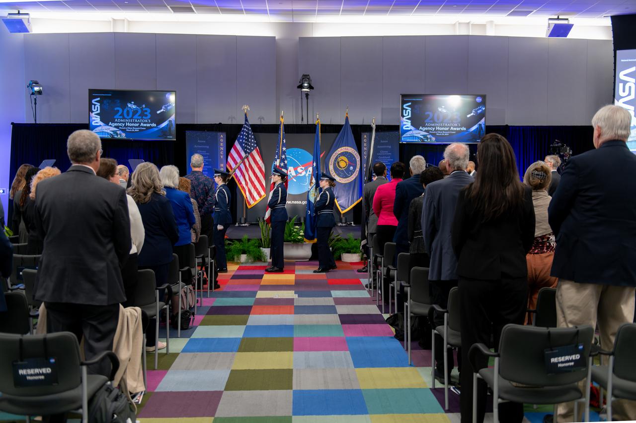 On March 28, 2024 NASA held its 2023 Administrator’s Agency Honor Awards at the Glenn Research Center in Cleveland, OH.   The Air Force ROTC Detachment 630 Silver Eagles Drill Team performed the presentation of colors.  This celebratory event recognized the invaluable contributions of civil servants and contractors alike, each one instrumental in propelling humanity further into the realms of space exploration, understanding, and discoverThis is NASA's highest form of recognition that is awarded to any Government employee who, by distinguished service, ability, or vision has personally contributed to NASA's advancement of United States' interests. Photo Credit: (NASA/Sara Lowthian-Hanna)