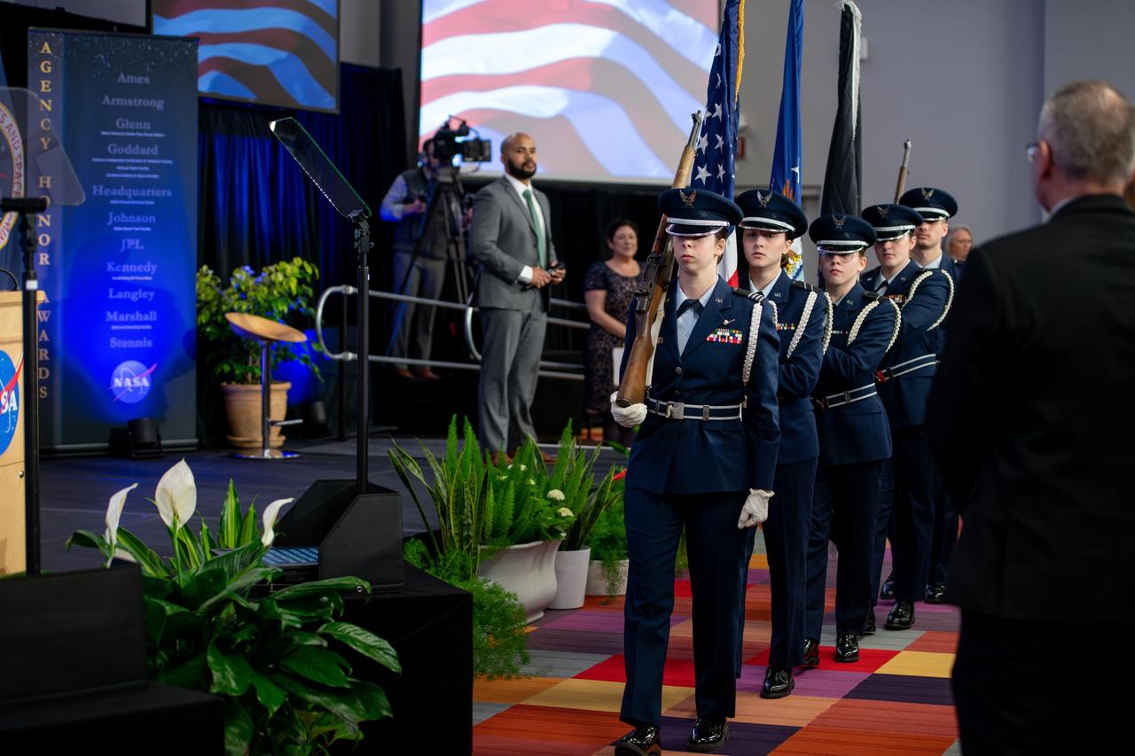 On March 28, 2024 NASA held its 2023 Administrator’s Agency Honor Awards at the Glenn Research Center in Cleveland, OH.   The Air Force ROTC Detachment 630 Silver Eagles Drill Team performed the presentation of colors.  This celebratory event recognized the invaluable contributions of civil servants and contractors alike, each one instrumental in propelling humanity further into the realms of space exploration, understanding, and discoverThis is NASA's highest form of recognition that is awarded to any Government employee who, by distinguished service, ability, or vision has personally contributed to NASA's advancement of United States' interests.
