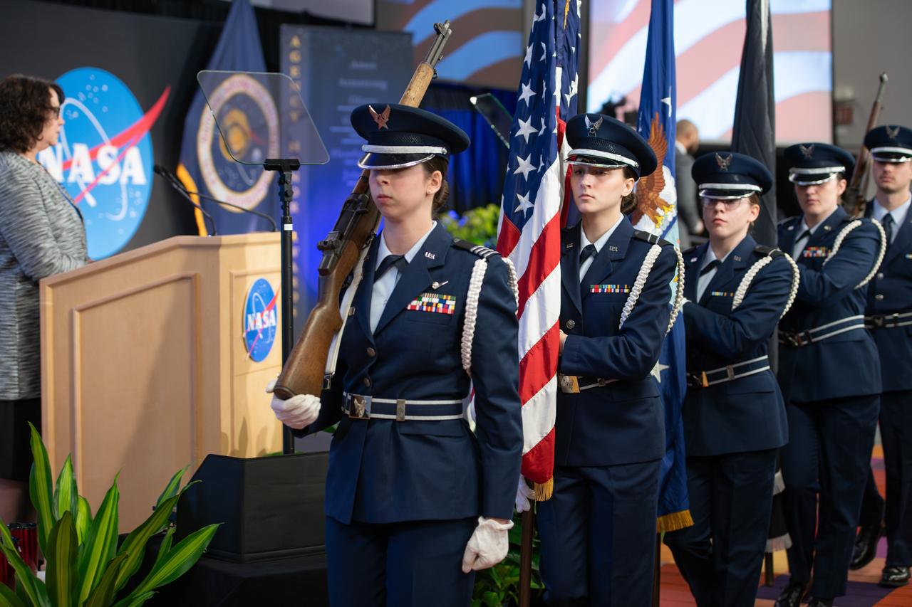 On March 28, 2024 NASA held its 2023 Administrator’s Agency Honor Awards at the Glenn Research Center in Cleveland, OH.   The Air Force ROTC Detachment 630 Silver Eagles Drill Team performed the presentation of colors.  This celebratory event recognized the invaluable contributions of civil servants and contractors alike, each one instrumental in propelling humanity further into the realms of space exploration, understanding, and discoverThis is NASA's highest form of recognition that is awarded to any Government employee who, by distinguished service, ability, or vision has personally contributed to NASA's advancement of United States' interests.