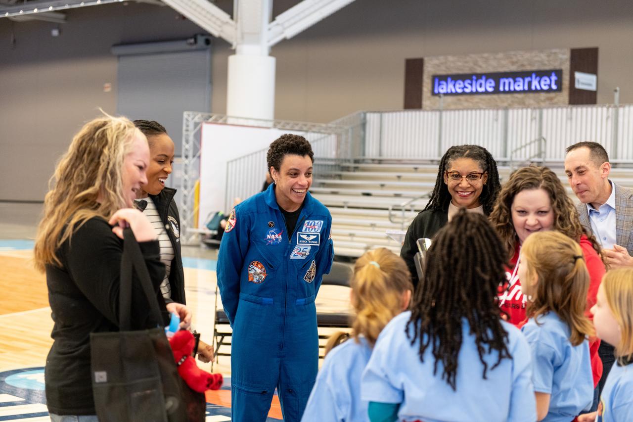 Astronaut Jessica Watkins congratulates the winning students from Our Lady of the Elms School at the Read to the Final Four event In Cleveland, OH on April 5th, 2024. The NCAA, Women’s Final Four and the Cleveland Local Organizing Committee have teamed up to help third graders across the state develop their abilities as part of a nine-week program designed to leave a lasting impact on students throughout Ohio. From January to April 2024, local elementary students are encouraged to track their reading minutes leading up to the Women’s Final Four. Participating students and leading classrooms will receive awards at Tourney Town to celebrate their accomplishments.