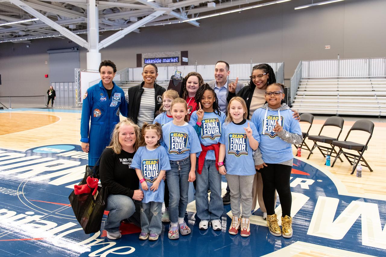 Astronaut Jessica Watkins, Representative Shontel Brown,   the Greater Cleveland Sports Commission and Destination Cleveland CEO David Gilbert poses with the winning students from Our Lady of the Elms School at the Read to the Final Four event on April 5, 2024. In Cleveland, OH the NCAA, Women’s Final Four and the Cleveland Local Organizing Committee have teamed up to help third graders across the state develop their abilities as part of a nine-week program designed to leave a lasting impact on students throughout Ohio. From January to April 2024, local elementary students are encouraged to track their reading minutes leading up to the Women’s Final Four. Participating students and leading classrooms will receive awards at Tourney Town to celebrate their accomplishments.