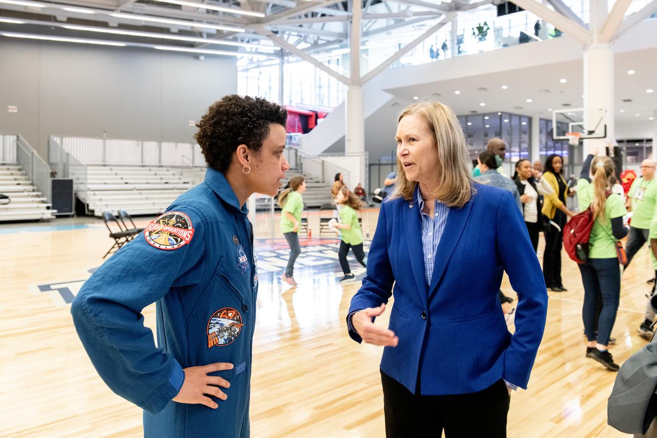 Kennedy Space Center Director Janet Petro and Astonaut Jessica Watkins at the Read to the Final Four Event in Cleveland, Ohio on April 5, 2024. Read to the Final Four event is where the NCAA, Women’s Final Four and the Cleveland Local Organizing Committee have teamed up to help third graders across the state develop their abilities as part of a nine-week program designed to leave a lasting impact on students throughout Ohio. From January to April 2024, local elementary students are encouraged to track their reading minutes leading up to the Women’s Final Four. Participating students and leading classrooms will receive awards at Tourney Town to celebrate their 