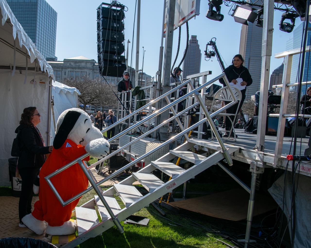 Behind the Scenes of Snoopy entering the stage at NASA TV’s live coverage of the total solar eclipse on April 8, 2024.  A total solar eclipse swept across a narrow portion of the North American continent from Mexico’s Pacific coast to the Atlantic coast of Newfoundland, Canada. A partial solar eclipse was visible across the entire North American continent along with parts of Central America and Europe.